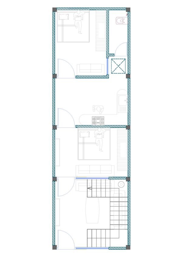 14x44 House Plan | East Facing 2BHK Home Design with Sitting Area, Open Kitchen & Stair