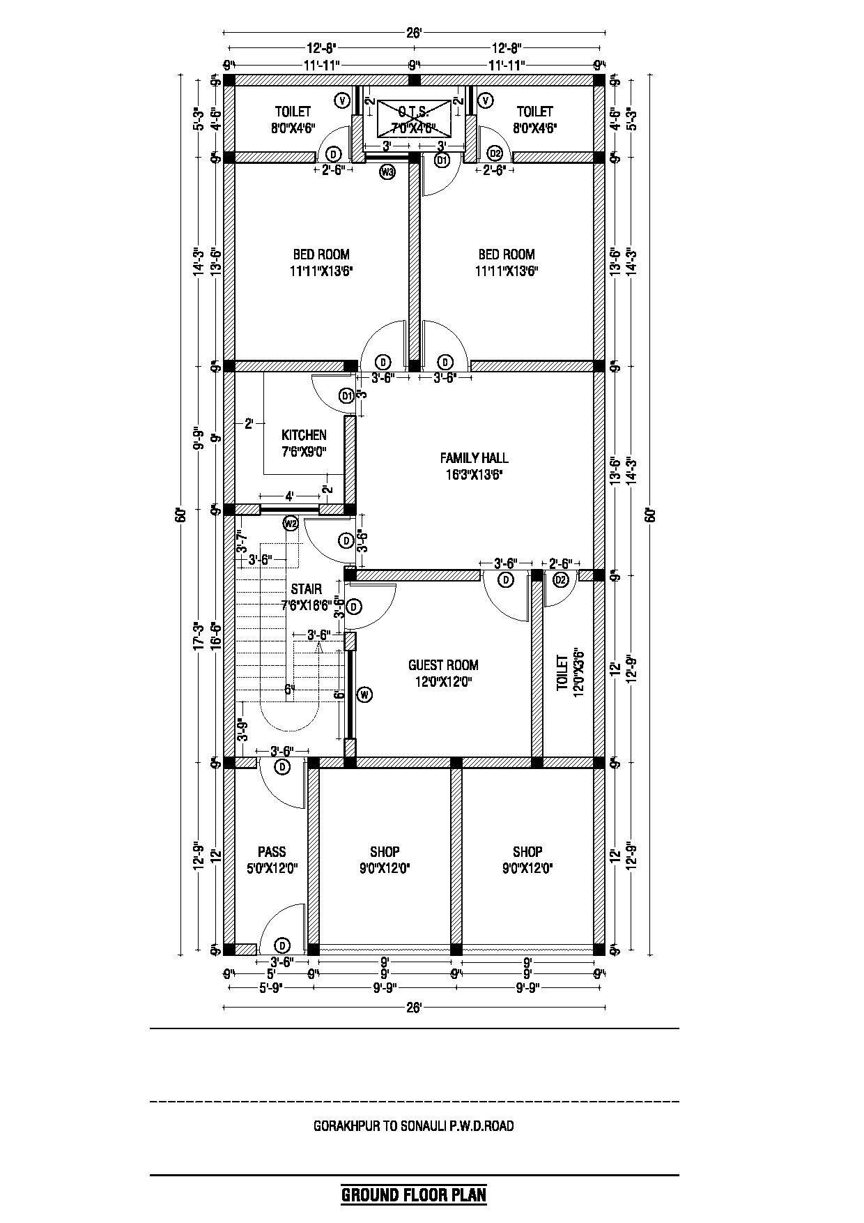 3BHK house plan for 26x60 plot. | Manara Architects