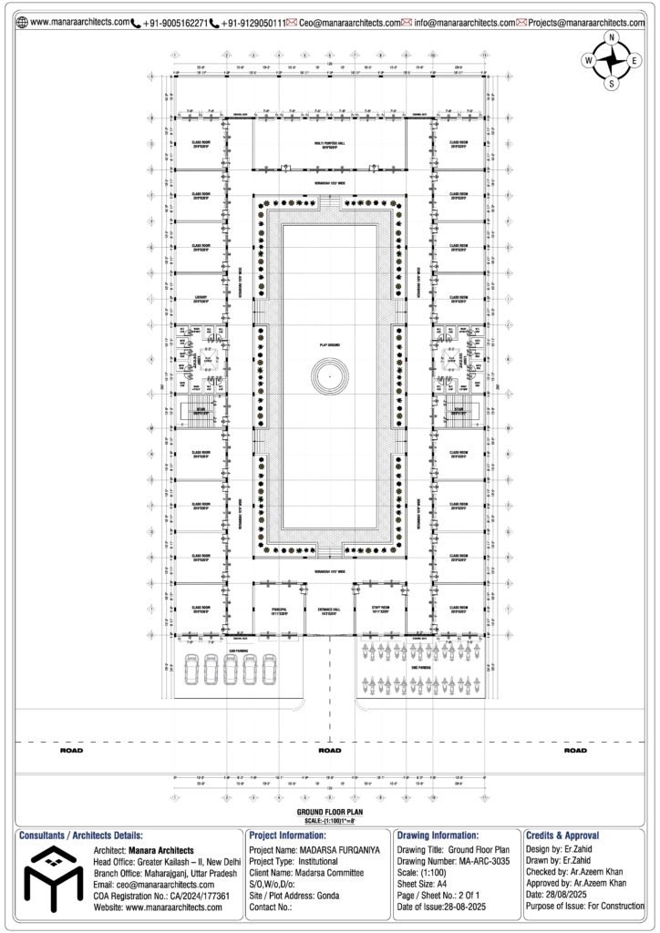 Madarsa Furqaniya Gonda ka ground floor plan – classrooms, masjid hall aur architectural design layout