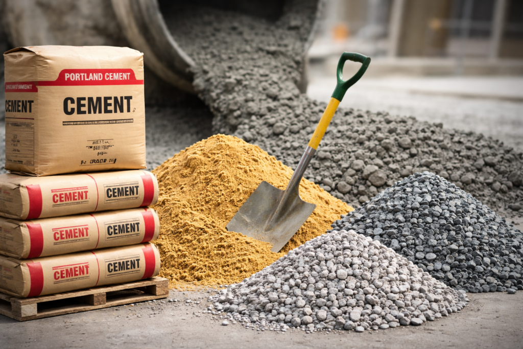 Cement bags, sand and aggregate used for 1000 sq ft RCC slab casting with concrete background