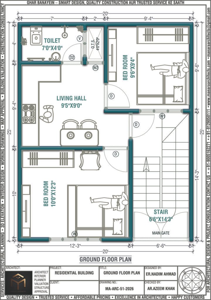 20×25 house plan north facing ground floor layout with 2BHK, living room, open kitchen, bedroom, bathroom and staircase design