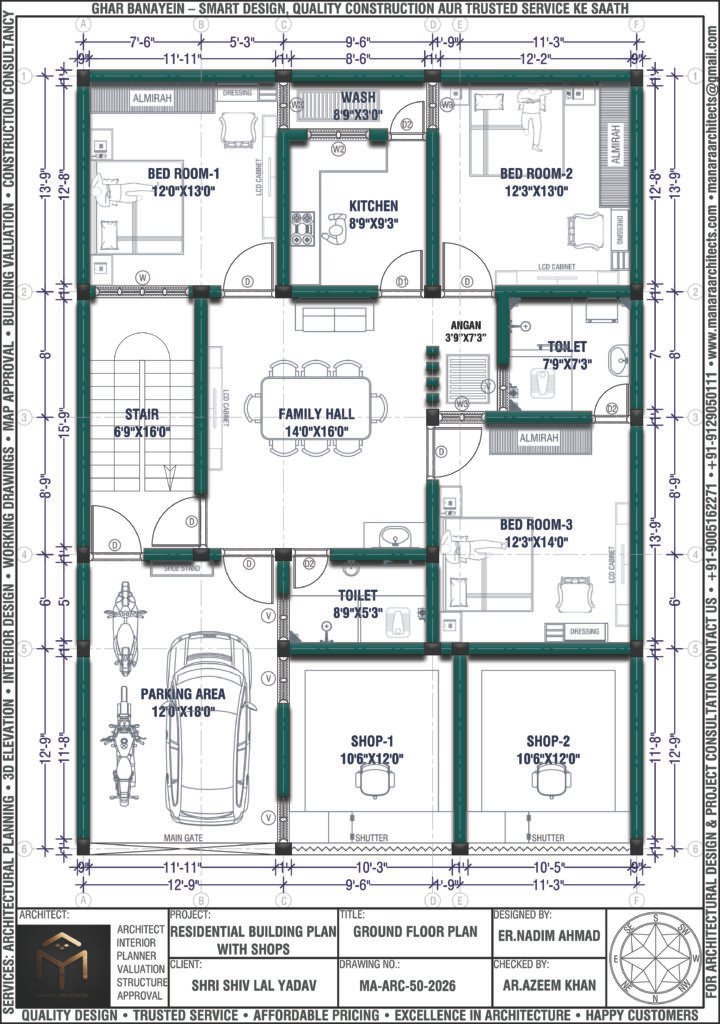 36x50 house plan with furniture layout north facing 3BHK with 2 shops and car parking
