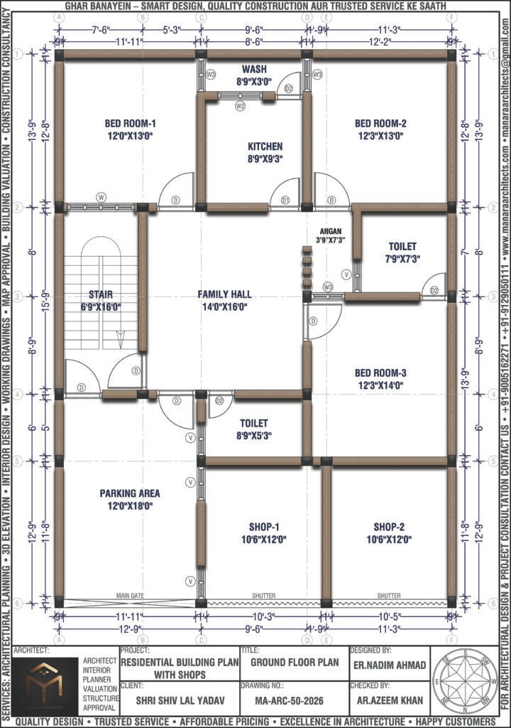 36x50 house plan north facing 3BHK with 2 shops and car parking layout