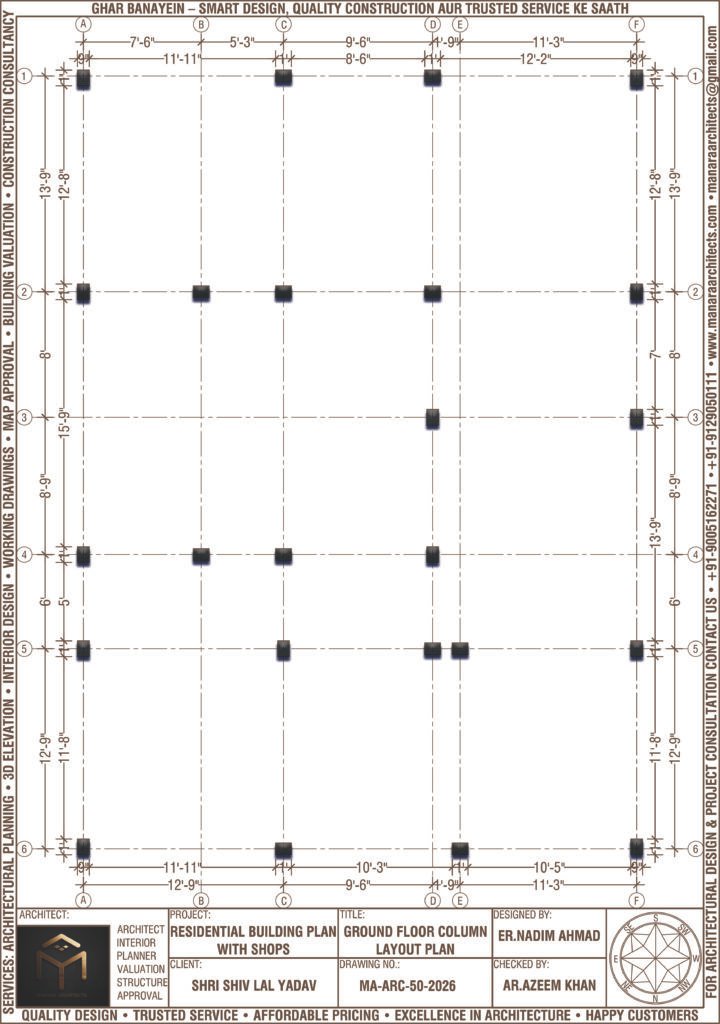 Ground Floor Column Layout Plan of 36×50 House Plan showing columns for 3 Bedrooms, Hall, Kitchen, Toilets, Car Parking and 2 Front Shops