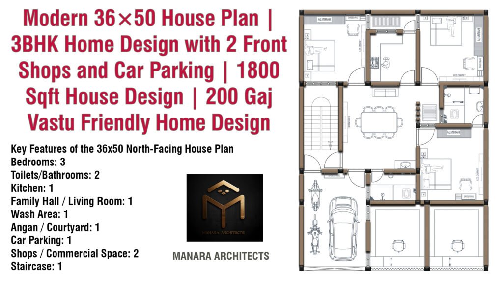 36x50 house plan north-facing 3BHK with 2 shops, car parking, staircase, family hall, kitchen, and furniture layout