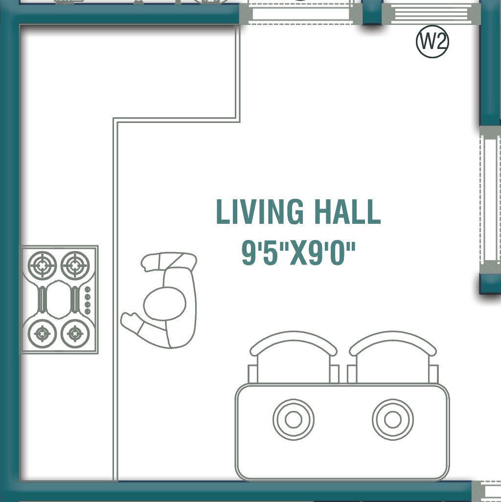 Living Hall 9'5"×9'0" with open kitchen in 20×25 House Plan 2BHK north facing small home design