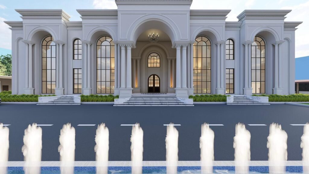 Modern building facade design 3D architectural elevation by Manara Architects with contemporary exterior style