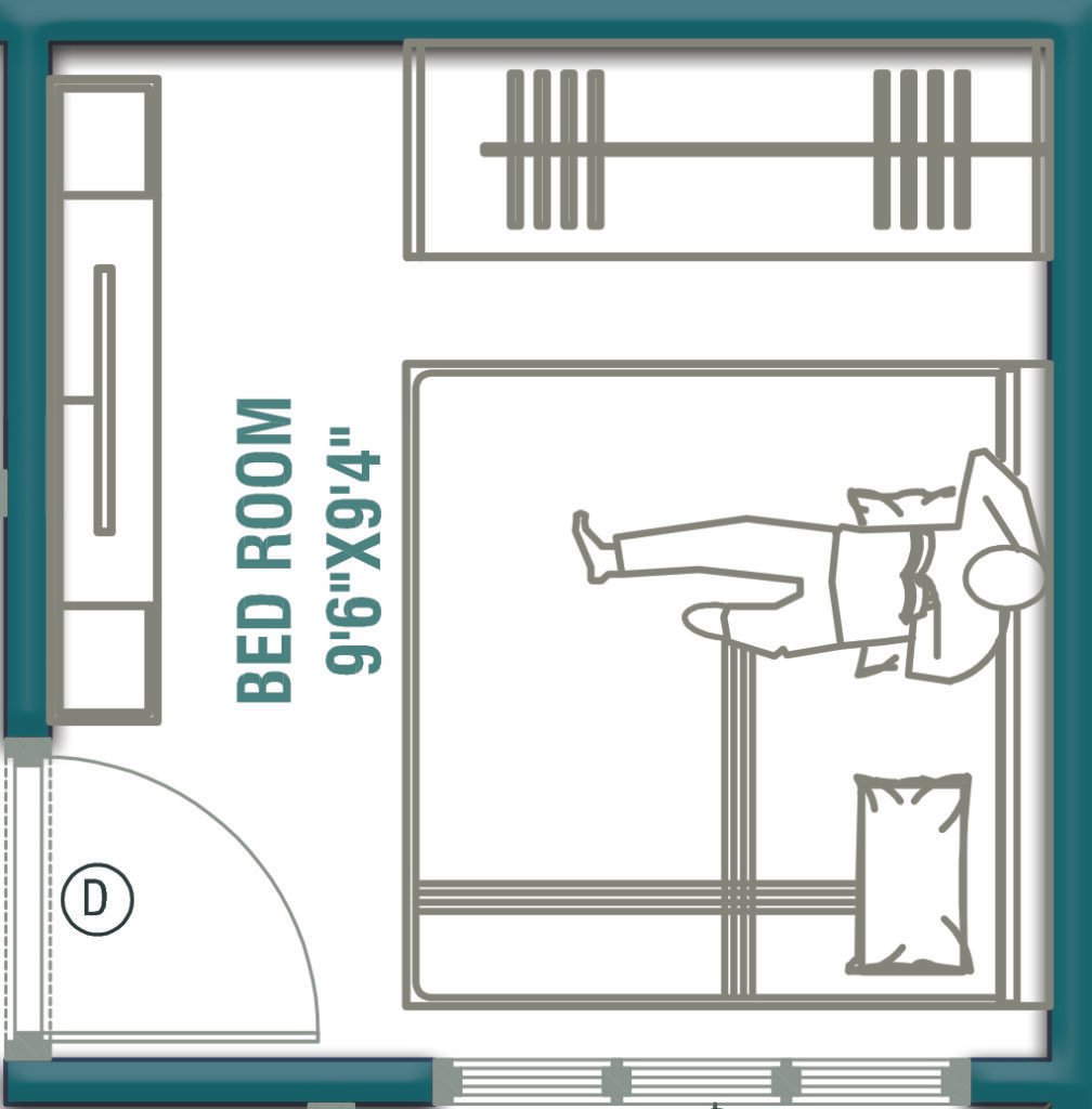 Bedroom 2 layout 9'6"×9'4" in 20x25 House Plan 2BHK north facing small home design