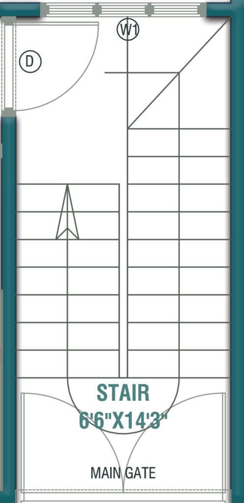Staircase 6'6"×14'3" with main entry in 20×25 House Plan 2BHK north facing small home design