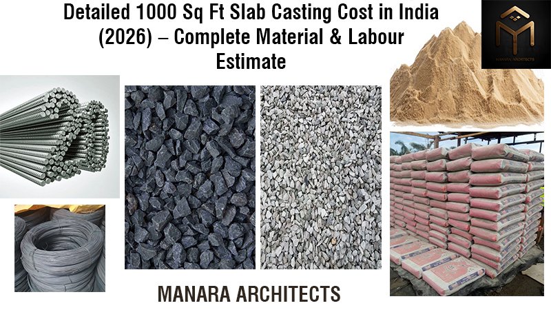 Cement bag, sand and aggregate used for RCC slab casting and construction material calculation for 1000 sq ft slab
