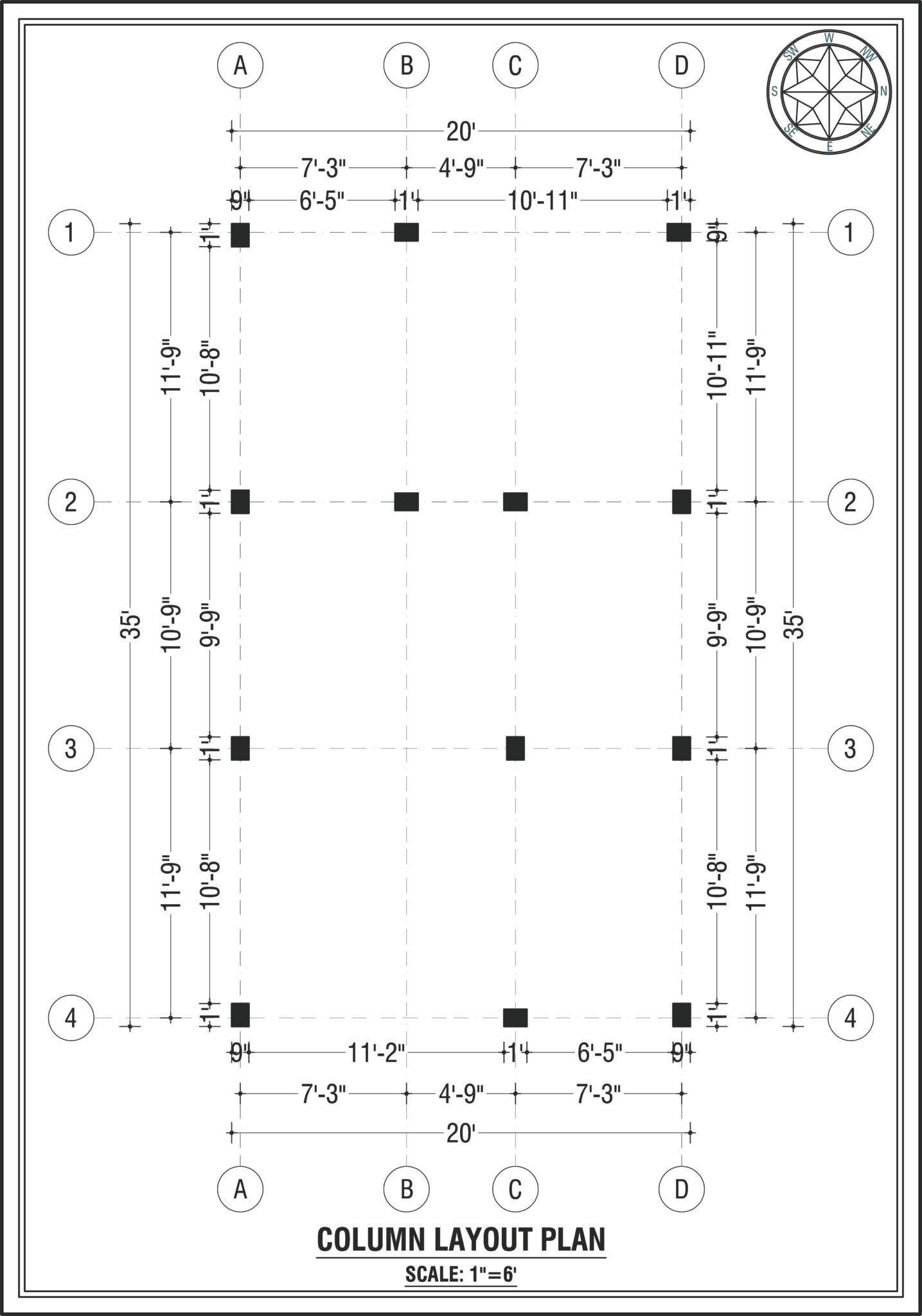 700 sq ft 2 BHK house column layout plan for 20x35 east-facing plot showing structural column positions