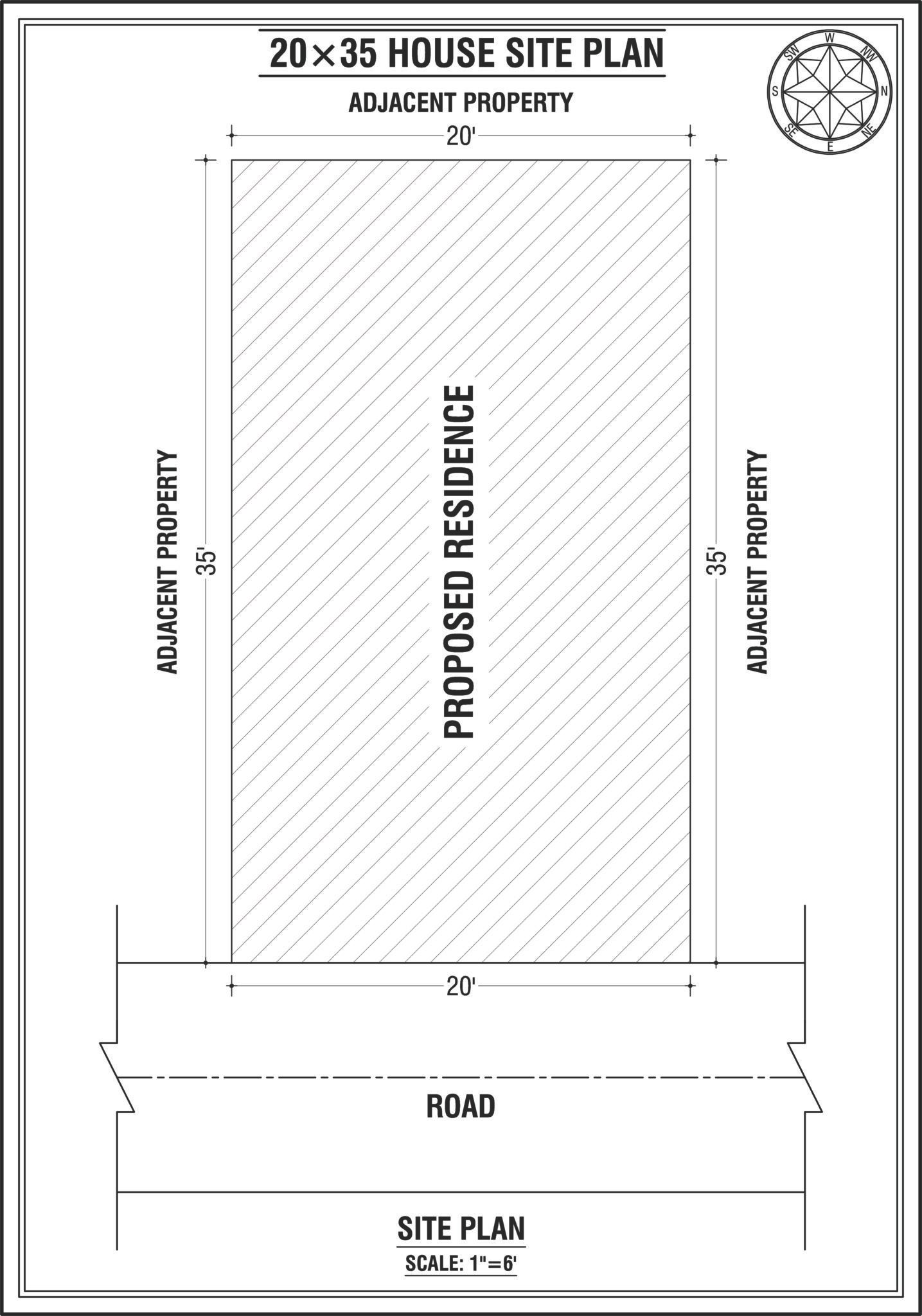 20×35 house site plan showing a 700 sq ft residential plot layout with setbacks, road access, and proposed residence.