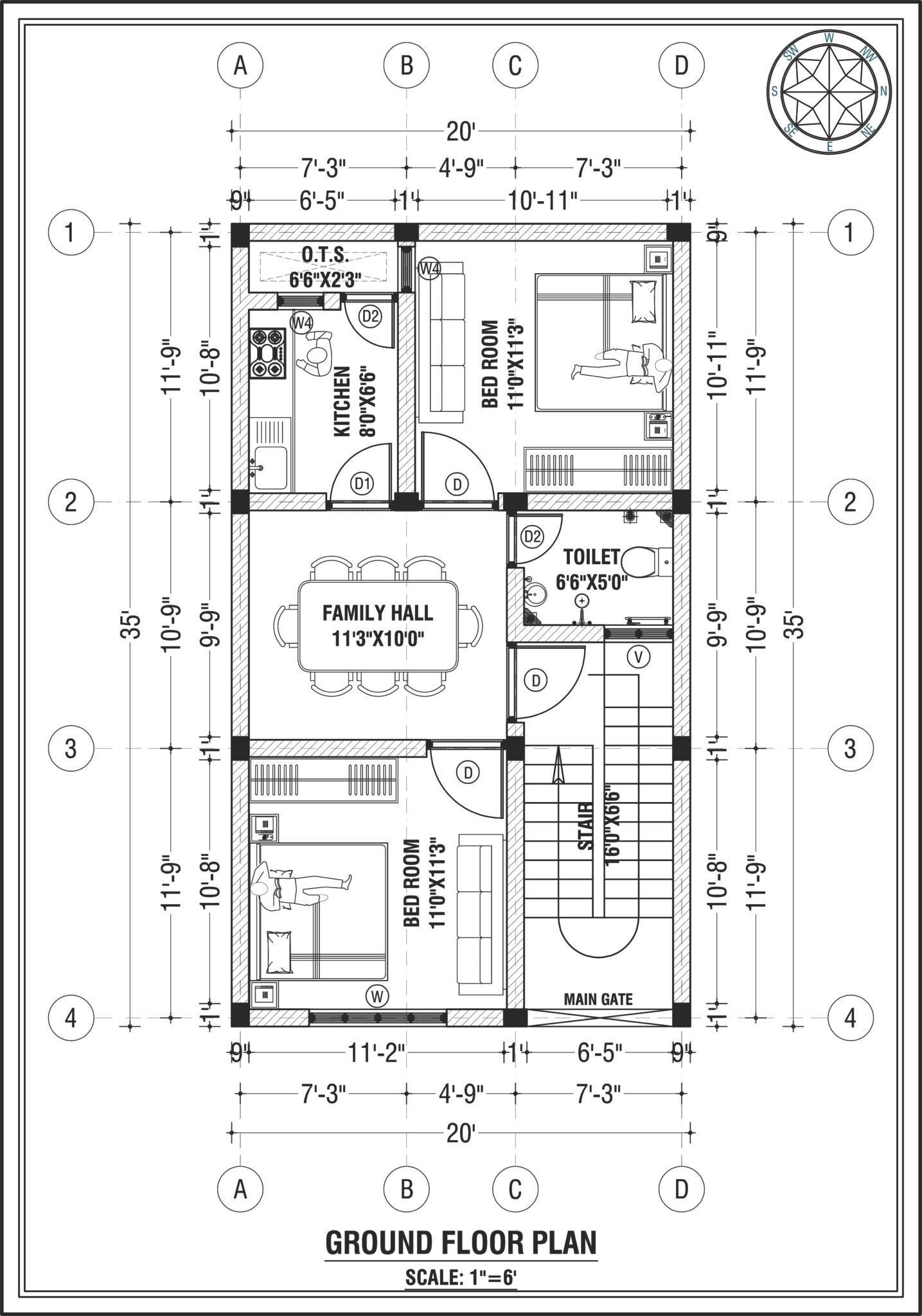 700 Sq Ft 2 BHK House Plan ground floor plan for a 20x35 ft plot showing the living room, two bedrooms, kitchen, bathrooms, dining area, and staircase layout.