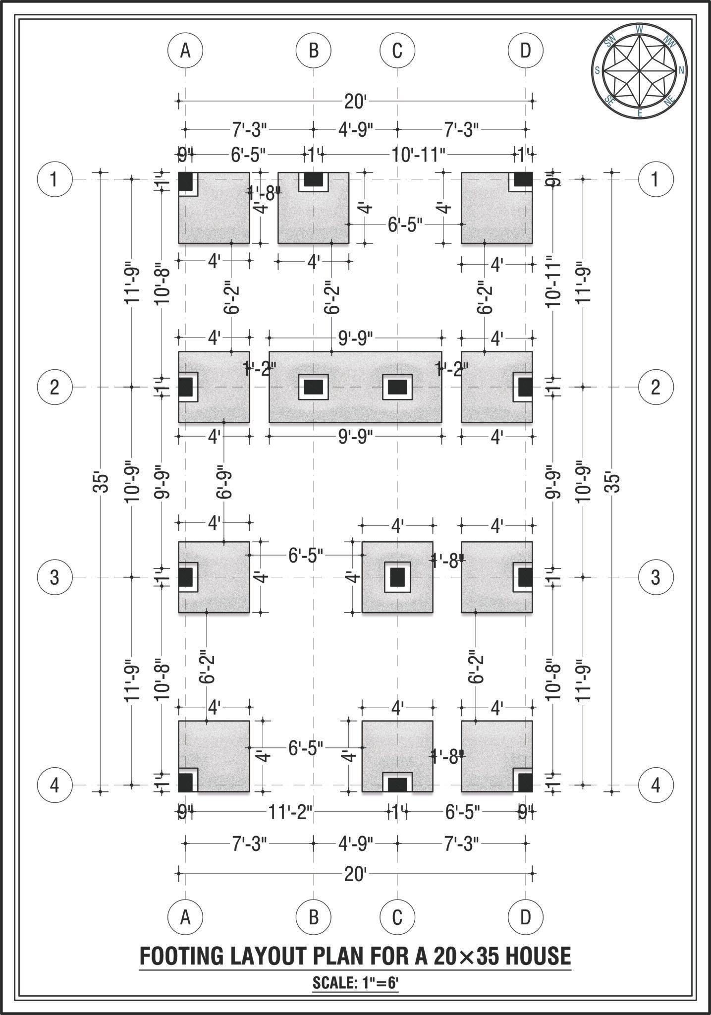 20×35 house footing layout plan showing the foundation design, footing positions, column locations, and structural layout for a 700 sq ft residential building.
